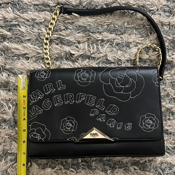 Karl Lagerfeld Luxury Black Floral Shoulder Bag with Gold Hardware - Picture 6 of 14